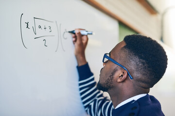 Poster - University, maths and teacher writing on whiteboard for lesson, learning and examination in classroom. Education, teaching and black man write sum for knowledge, assignment and studying in college
