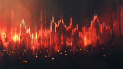 Poster - A painting of a cityscape with a red and orange background. The painting is abstract and has a sense of chaos and destruction