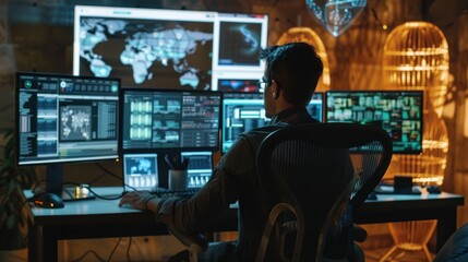 A hacker or programmer sits in front of multiple computer monitors, working on a complex project. The screens display data and code.