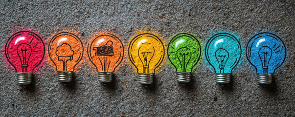 Poster - A series of colorful light bulbs are arranged in a row, each with a different design. Concept of creativity and innovation, as the various shapes