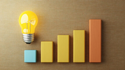 Poster - A light bulb is on top of a stack of wooden blocks. The blocks are arranged in a line, with the top block being the tallest. Concept of creativity and innovation