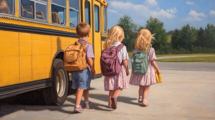 Canvas Print - A painting of three children are walking to a school bus, AI