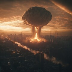 Wall Mural - A large mushroom cloud rising from a city after a nuclear explosion.