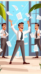 Poster - Three men are laughing and throwing papers in the air. The image conveys a lighthearted and fun atmosphere