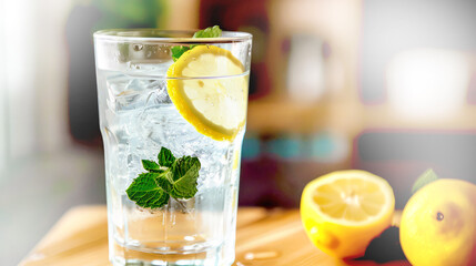 Wall Mural - Cold fresh summer detox cocktail with mint and lime on the table. Summer background.