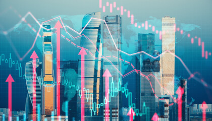 Wall Mural - Abstract business chart with growing red arrows on blurry city background. Financial growth, trade and market concept. Double exposure.