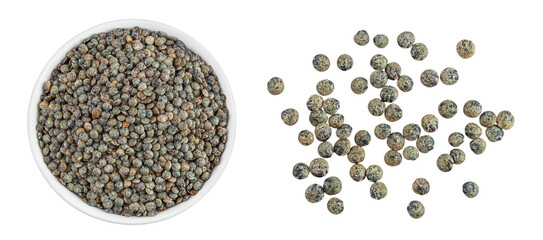 Poster - raw french green lentils in ceramic bowl isolated on white background. Top view. Flat lay