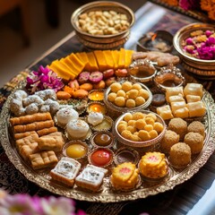 A large, round, golden platter piled high with Indian sweets and snacks, including ladoos, barfi, and other delicacies.