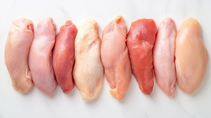 Wall Mural - A group of raw chicken pieces laid out on a white surface, AI