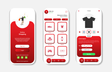 Online shopping design for mobile app. Shopping platform screens with product. Graphical user interface for responsive mobile application