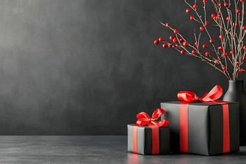 Two black gift boxes with red ribbons, accompanied by a vase of festive red berries, set against a dark, minimalist background