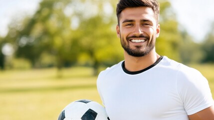 Canvas Print - A man in a white shirt holding a soccer ball, AI