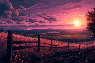 Wall Mural - A Tranquil Sunset Overlook With A Rustic Fence And A View Of Distant Rolling Fields Lit By Sunset. Cozy Vibe, Generative AI