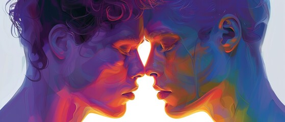 Artistic illustration of gay couple with face to face embracing