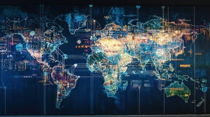 A Digital World Map with Interconnected Lines and Data