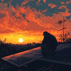 Canvas Print - A lone figure sits on a rooftop overlooking a city sunset.