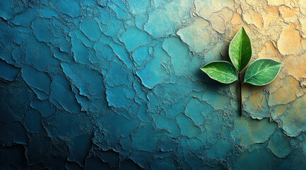 Wall Mural - Small green plant on textured blue and orange background with space for text