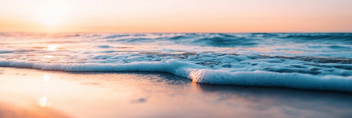 Close-up of gentle ocean waves washing over a sandy beach at sunrise, featuring soft pastel colors in the sky and reflections in the water