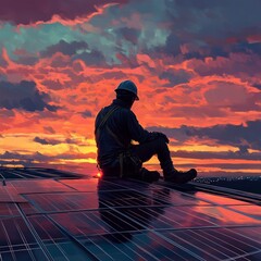 Wall Mural - A lone worker sits on a rooftop solar panel, contemplating the beauty of a vibrant sunset.