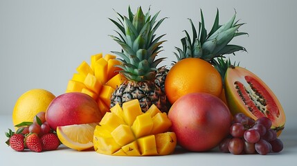 Wall Mural - A colorful variety of tropical fruits including mango, pineapple, and papaya on isolated white background