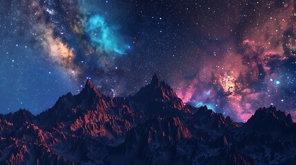 Wall Mural - majestic mountain range silhouetted against the vibrant milky way galaxy. the sky is ablaze with cou