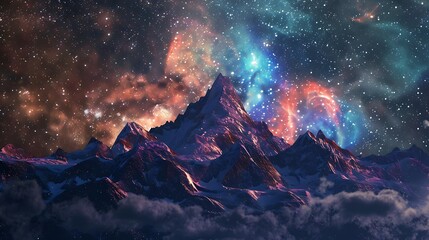 Wall Mural - mountain range illuminated by a vibrant, starry night sky. the image captures the beauty of the cosm
