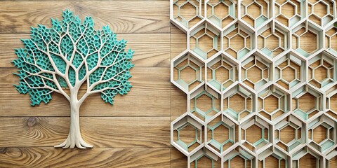 white lattice, oak, turquoise tree, hexagonal patterns, floral touches