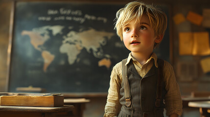 “A Boy Standing in Front of a Blackboard Writing Out Mathematical Equations, Capturing the Essence of Classroom Learning and Education, Ideal for Educational Content, School Themes, and Academic Illus