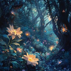 Sticker - A magical forest path illuminated by glowing flowers and fireflies.