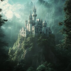 Sticker - A majestic castle perched atop a rocky cliff, shrouded in mist and surrounded by lush greenery.