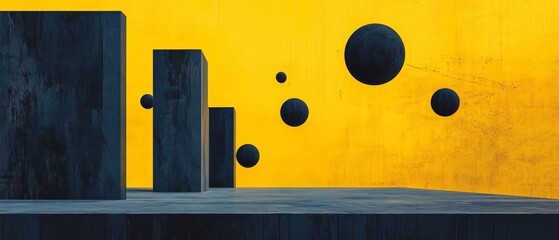 A yellow background with a bunch of black spheres floating in the air