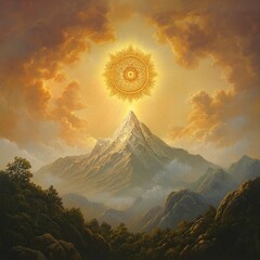 Poster - A majestic mountain peak illuminated by a radiant, golden sun with a sacred symbol in the center, surrounded by clouds and lush greenery.