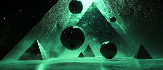 Canvas Print - A green and blue background with a pyramid and a bunch of spheres