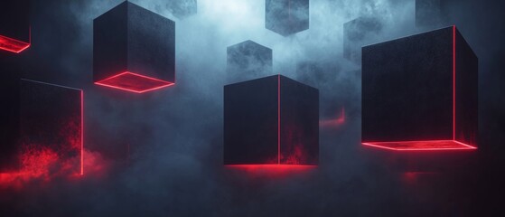 Wall Mural - A series of cubes with red lights are lit up in a dark room