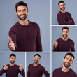© JordaanExams/peopleimages.com - Happy man, portrait and collage with expressions for collection, montage or album on a studio background. Young, male person or handsome model with smile in series, joy or confidence for composite