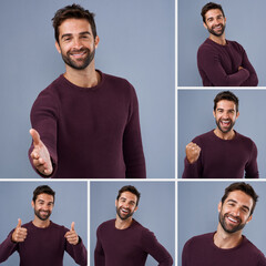 Poster - Happy man, portrait and collage with expressions for collection, montage or album on a studio background. Young, male person or handsome model with smile in series, joy or confidence for composite