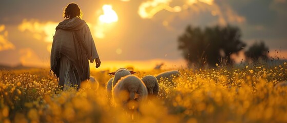 sheep and Jesus Christ walking toward it in the background