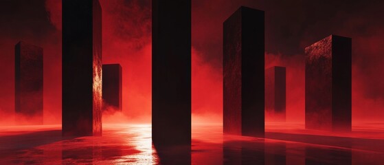 Canvas Print - a red and black image of a cityscape with tall, dark pillars