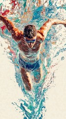 Wall Mural - A male swimmer in mid-stroke, painted in abstract colors with a splash of water.