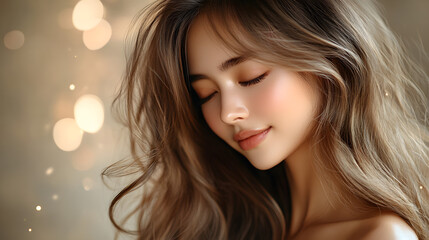 Wall Mural - “Close-Up of a Beautiful Woman with Long Hair, Highlighting Her Elegant Features and Radiant Skin, Perfect for Portrait Photography, Beauty Shots, and Fashion Imagery”
