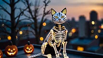 Skeleton Cat Posing for Halloween with Jack-o'-Lantern Decorations