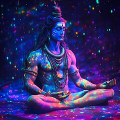 Canvas Print - A man dressed as Shiva, a Hindu god, sits in meditation, surrounded by colorful lights.