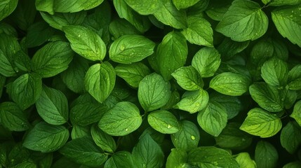 Canvas Print - A close up of a bunch of green leaves with water drops on them, AI