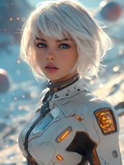 Close up white hair girl wearing a high-tech space force suit. (s2)