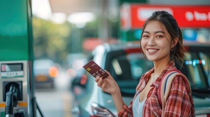 A female customer hands over a credit card to refuel her car and pay services with the concept of wireless banking payment technology. smilingly