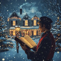 Poster - A man in a traditional carolers outfit sings carols in front of a snow-covered house decorated for Christmas.