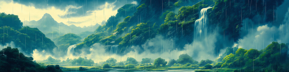 Scenery of waterfall. Styled like an anime or game background. Blue sky, sunset, sunrise, night, fog, snow, rain, cloudiness, autumn leaves, etc.