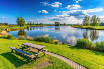 Wide angle panorama of recreational pond Lageveld in Wierden with picnic field and leisure area