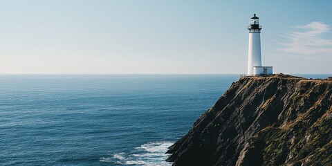 Wall Mural - A solitary lighthouse perched on a cliff, overlooking the vast ocean below 