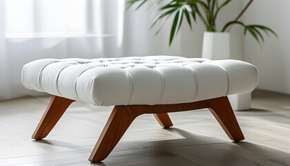 Elegant tufted fabric ottoman with wooden legs on a clean white backdrop